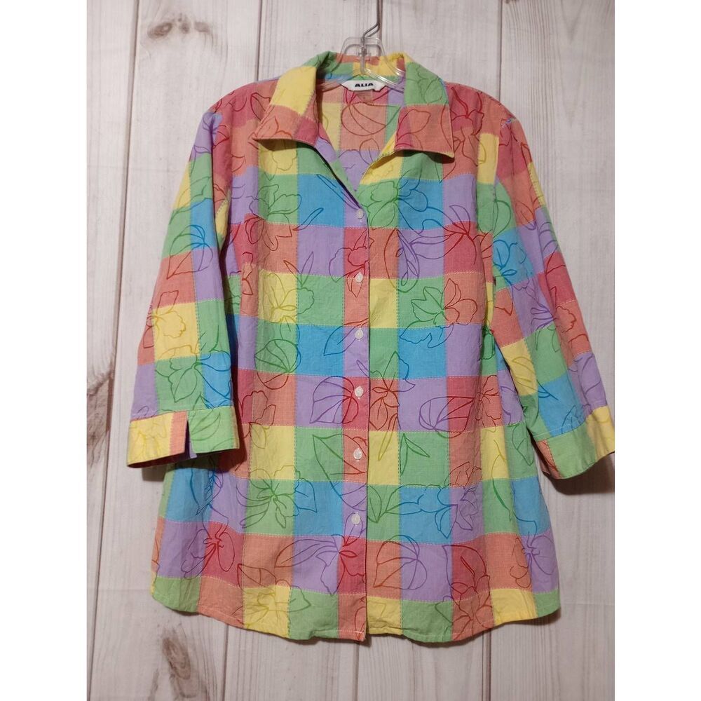 ALIA Shirt Ladies 16 Button‎ Front Patchwork Green